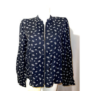 LOFT Jacket Size M Navy Blue White Ditsy Floral LS Zip Drawstring Hem Bomber